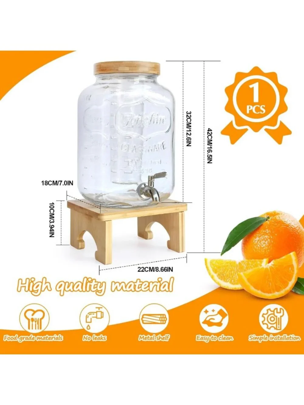 2 Gallon Glass Beverage Dispenser with Wood Stand & Stainless Steel Spigot